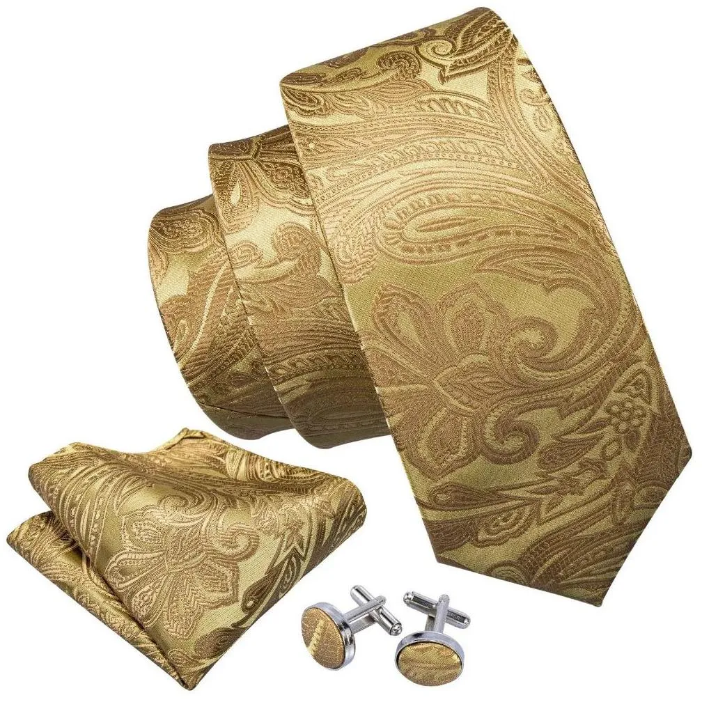Neck Ties Neck Ties Gold Men Tie Paisley Silk Pocket Square Gift Box Set Barrywang Luxury Designer For Male Gravat Wedding Bb5150 2312 Dhw4F