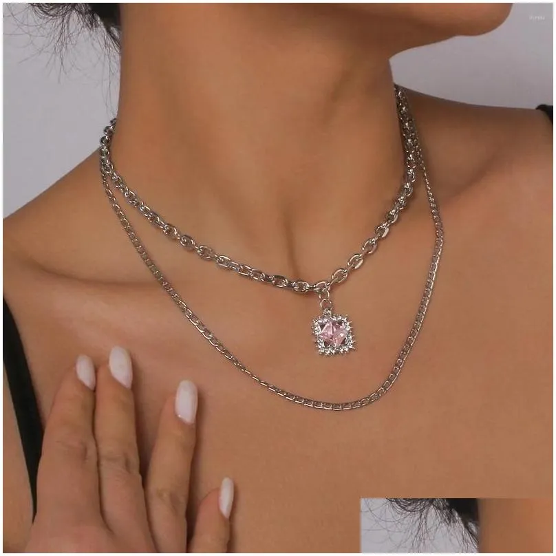 Chains Chains Double-Layer Stacked Necklace Square Rhinestone Exaggerated Chain French Light Luxury Simple Drop Delivery Jewelry Neckl Otsp4