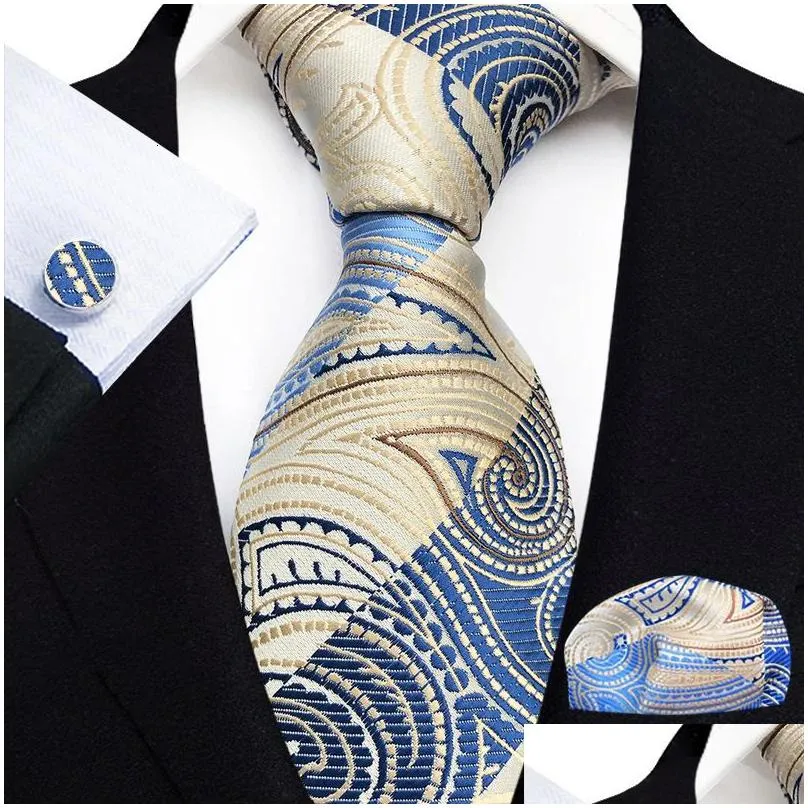 Neck Ties Neck Ties Blue Gold Floral Tie For Men Luxury 8Cm Wide Silk Wed Business Pocket Square Cufflinks Set Accessories Gravata 231 Dhot3