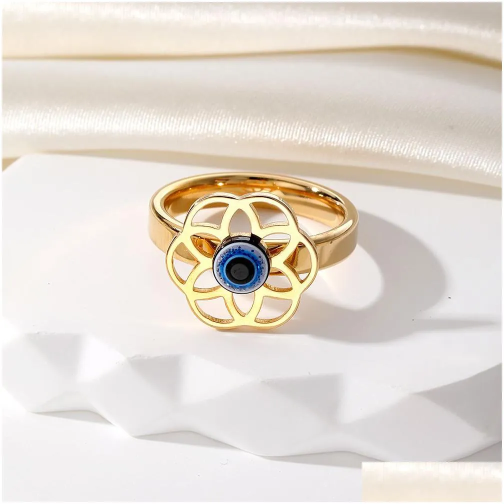 Cluster Rings Vintage Blue Evil Eye Finger Ring For Women Gift Jewelry Hollow Flower Turkish Lucky Adjustable Party Accessories Size 1 Dhhfu