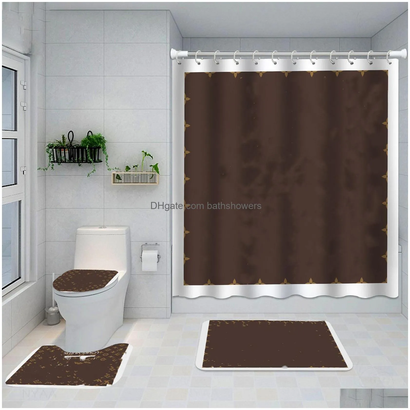Letter Shower Curtains Digital Printing Waterproof Home Curtain Polyester Cloth Bathroom Four-Piece Set Drop Delivery Dhmsv