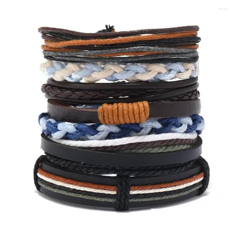 Link Bracelets Men`s Leather Bracelet Simple Handmade Weaving Multi-Layer Retro Fashion Six-Piece Wave Simiia Charm For Men