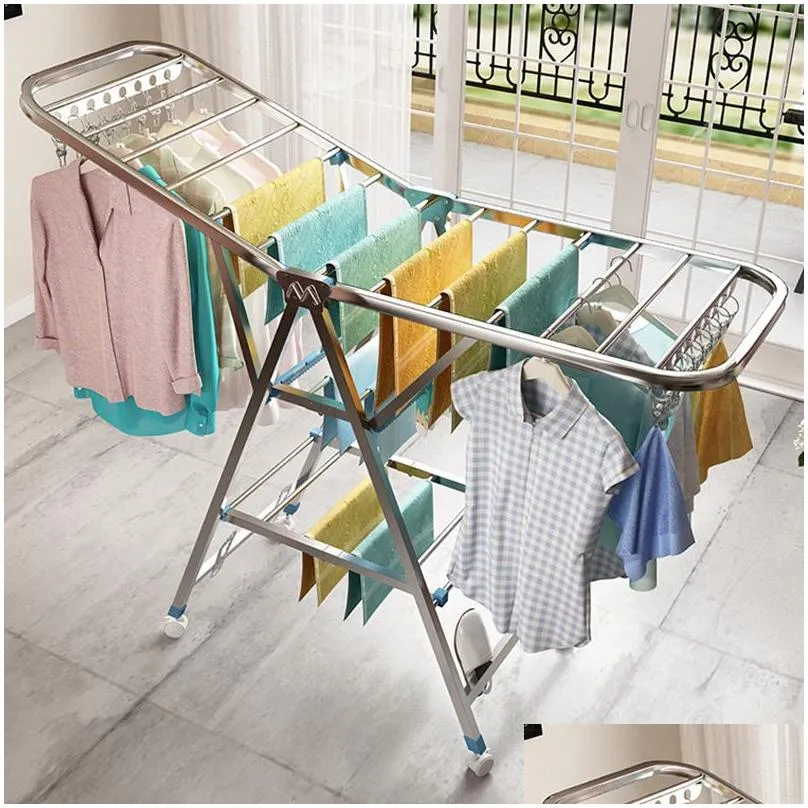 Hangers & Racks Clothes Hanger Floor Folding Indoor Household Stainless Steel Baby Simple Balcony Quilt Drying Drop Delivery Home Gard Ottax