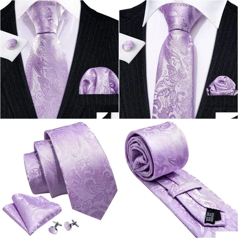 Neck Ties Neck Ties Male Gift Silk Men Tie Set Purple Violet Solid Paisley Striped Wedding Business For Man Necktie Handky Cufflinks B Dh5Nz