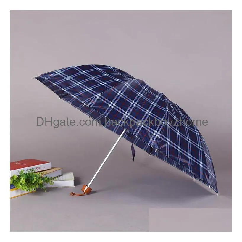 Umbrellas Outdoor Portable Three-Folding Uv Protection Plaid Umbrella 8 Bone Wind Resistant Rainproof Men Women Folding Umbrellas Wdh0 Dhbka