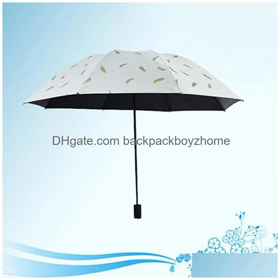 Umbrellas Folding Vinyl Printed Feather Umbrella With Portable Er 8 Bone Rainproof Umbrellas Three-Folding Uv Protection Wdh0991 Drop Dh4Yx