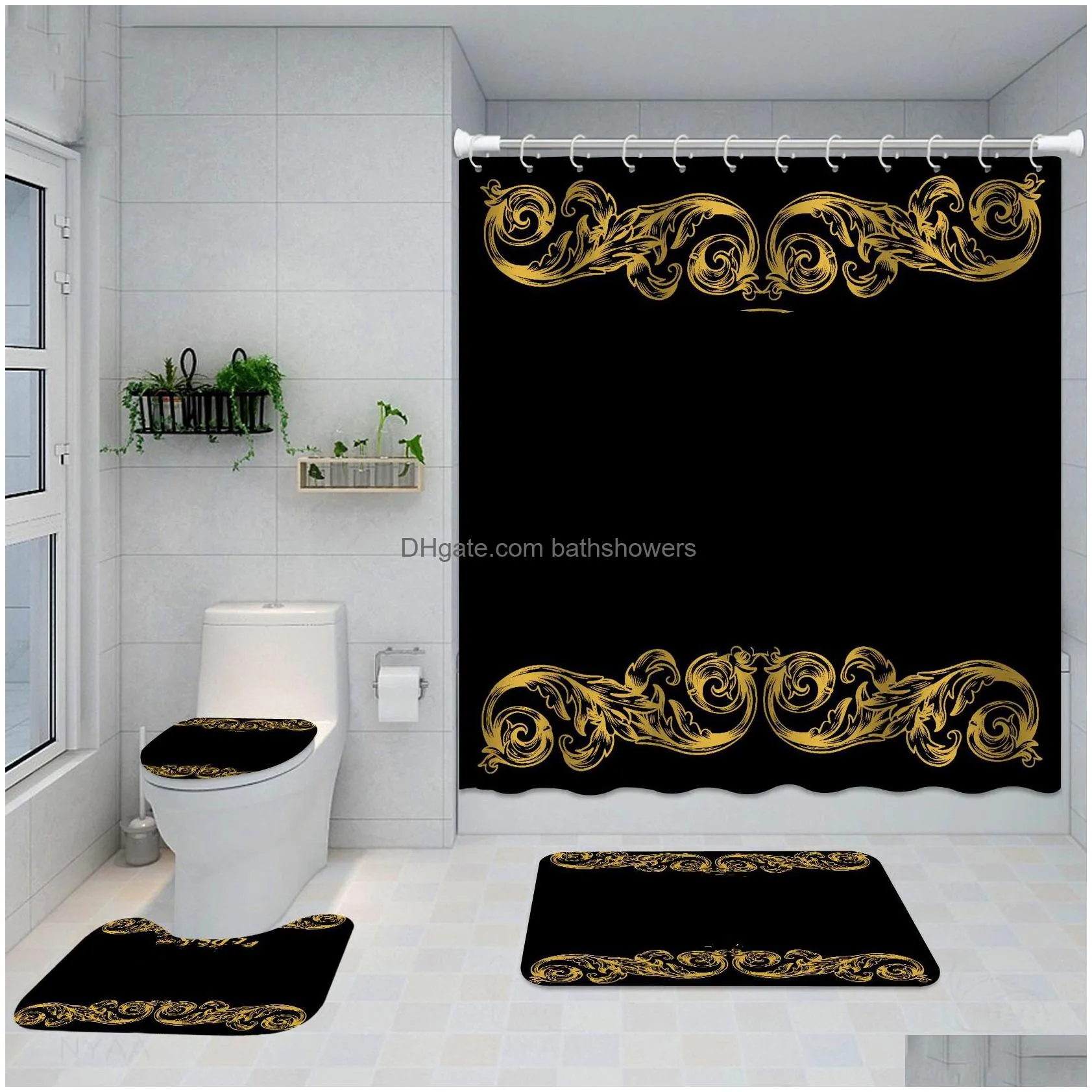 Wholesale Shower Curtains Digital Printing Waterproof Home Curtain Polyester Cloth Bathroom Four-Piece Set Drop Delivery Dhika