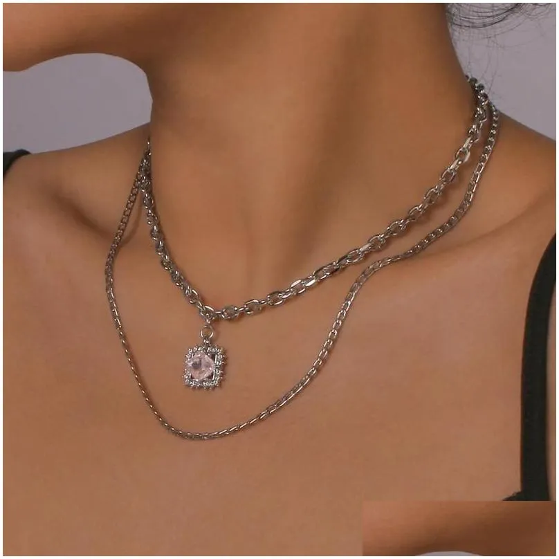 Chains Chains Double-Layer Stacked Necklace Square Rhinestone Exaggerated Chain French Light Luxury Simple Drop Delivery Jewelry Neckl Otsp4