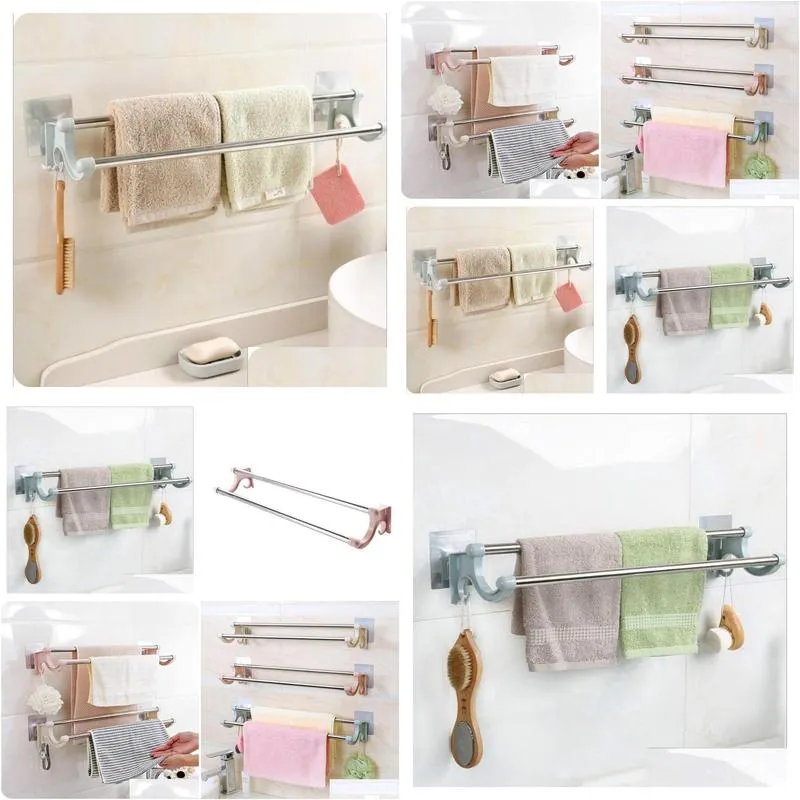 Towel Racks Stainless Steel Double-Layer Bathroom Towel Storage Rack Rod Hanging Accessories Wholesale Suction Drop Delivery Home Gard Otmuq