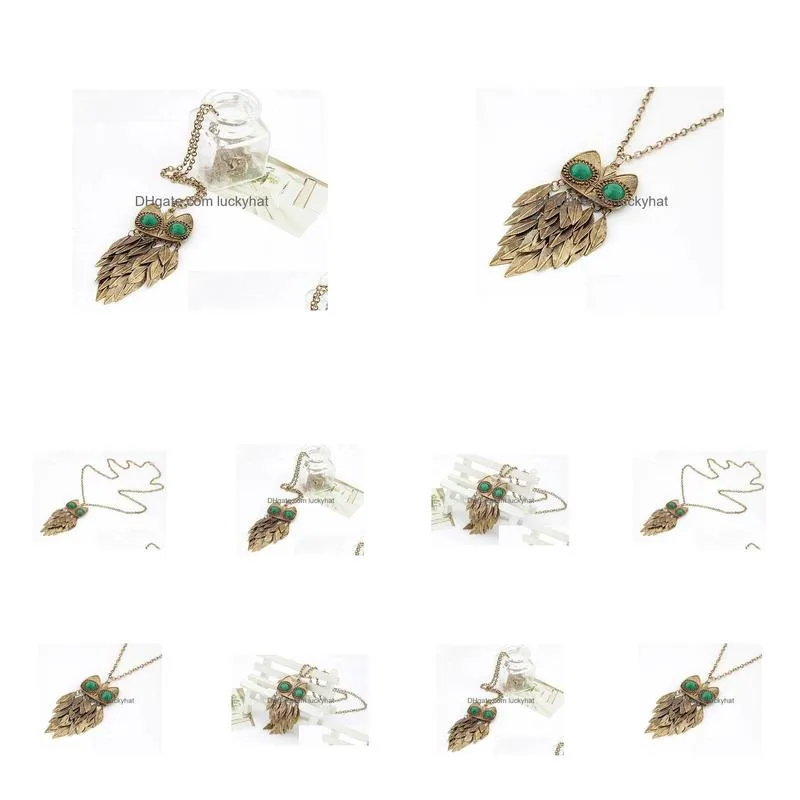 Beaded Necklaces Vintage Style Copper Tone Leaves Green Crystal Eye Owl Necklace Drop Delivery Jewelry Necklaces Pendants Dhe0A