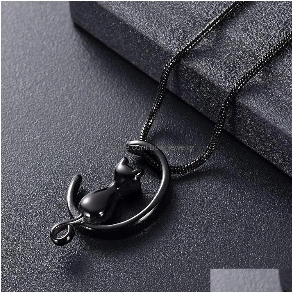 ijd10014 funnel gift box black cat necklace memorial urn locket for animal ashes holder keepsake jewelry stainless steel186o