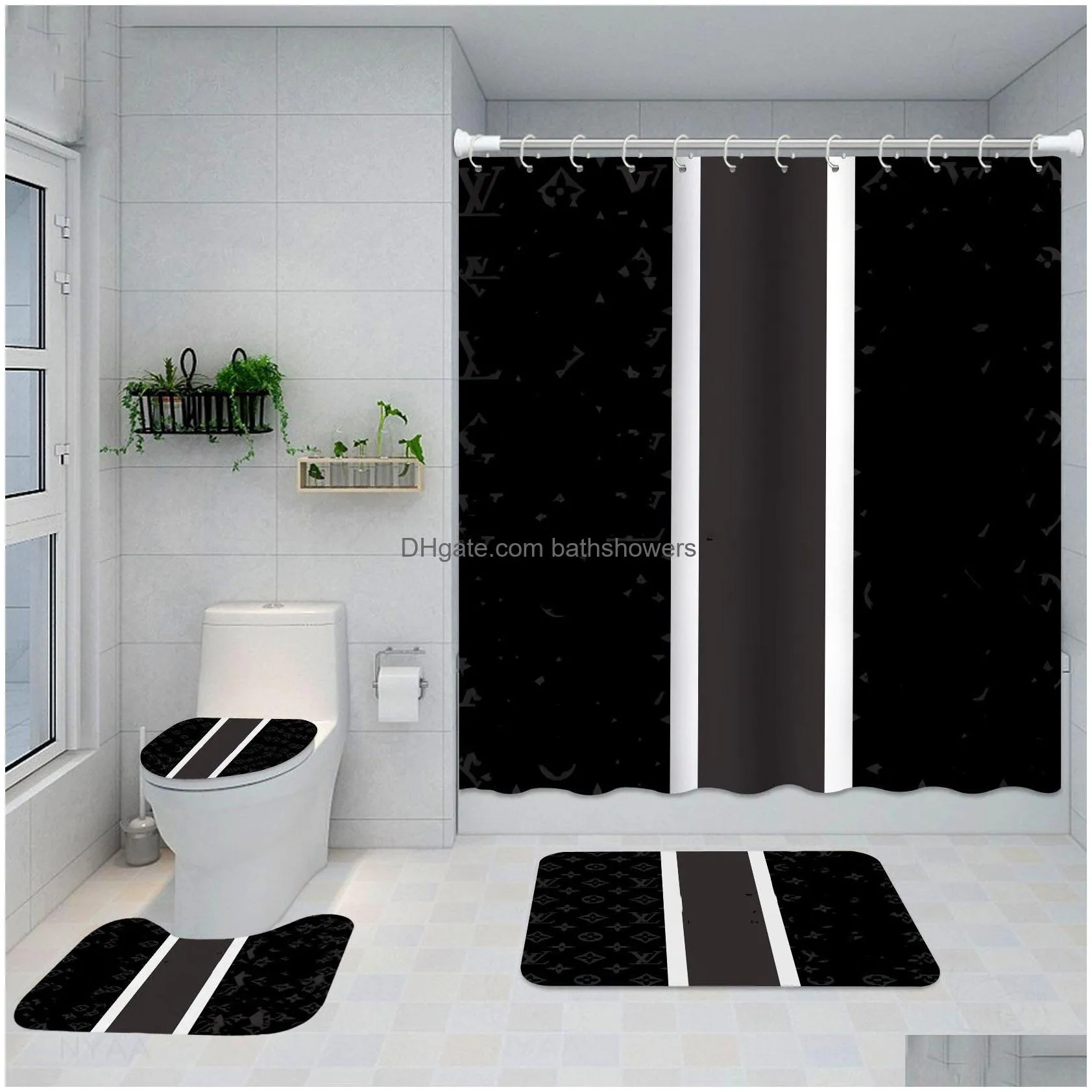 Letter Shower Curtains Digital Printing Waterproof Home Curtain Polyester Cloth Bathroom Four-Piece Set Drop Delivery Dhmsv