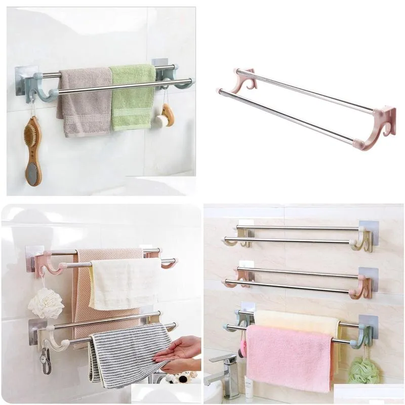 Towel Racks Stainless Steel Double-Layer Bathroom Towel Storage Rack Rod Hanging Accessories Wholesale Suction Drop Delivery Home Gard Otmuq