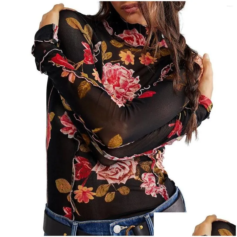 Women`s T Shirts Women S Floral Mesh Crop Tops Lettuce Trim Lace Long Sleeve Mock Neck Tight T-Shirts Casual Slim Fitted Tee Blouse
