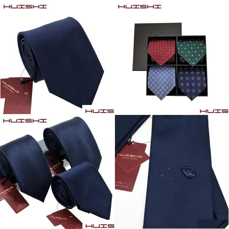 Neck Ties Neck Ties Huishi 8Cm 8 Styles Mens Solid Dark Blue Color Tie 6Cm Waterproof Jacquard Necktie Daily Wear Cravat Wedding Party Dhude