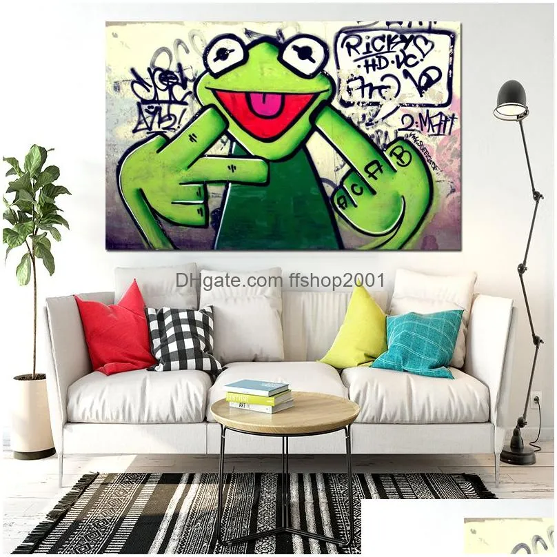 canvas painting street graffiti art frog kermit finger poster print animal oil painting wall pictures for living room unframed5060105