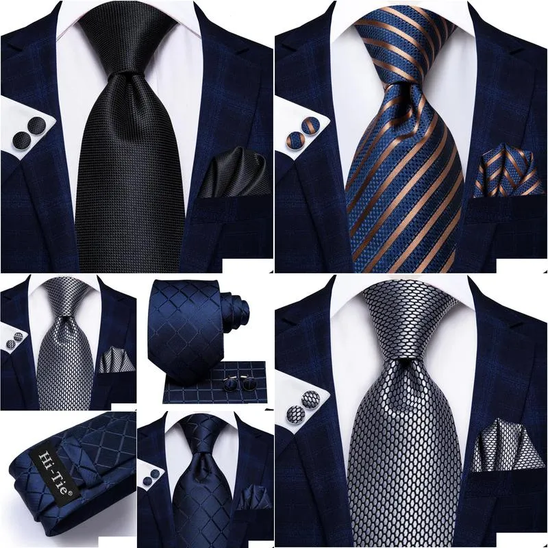 Neck Ties Neck Ties Hitie Blue Business Solid 100% Silk Mens Tie Necktie 85Cm For Men Formal Luxury Wedding High Quality Gravata 23121 Dhgal