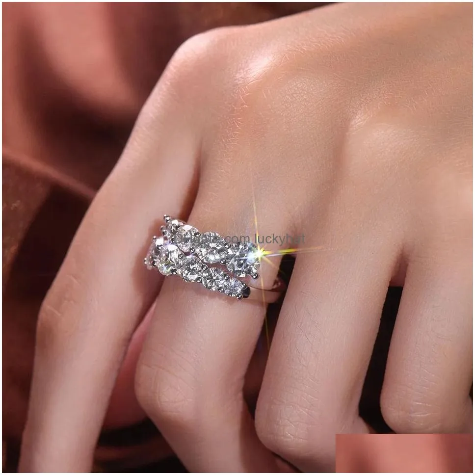 Wedding Rings Fashion Commuting Double Row Moissanite Jewelry Engagement Ring 925 Sterling Sliver Plated 18K Gold Diamond Wedding Drop Dhsa8