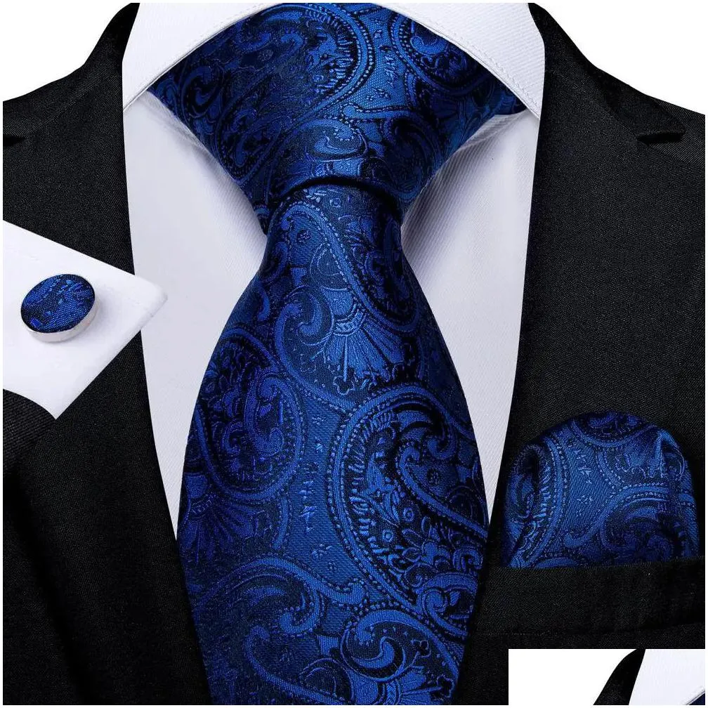 Neck Ties Neck Ties Hitie Navy Blue Solid Paisley Silk Wedding Tie For Men Hanky Cufflink Mens Necktie Set Business Party Design Drop Dhtgy