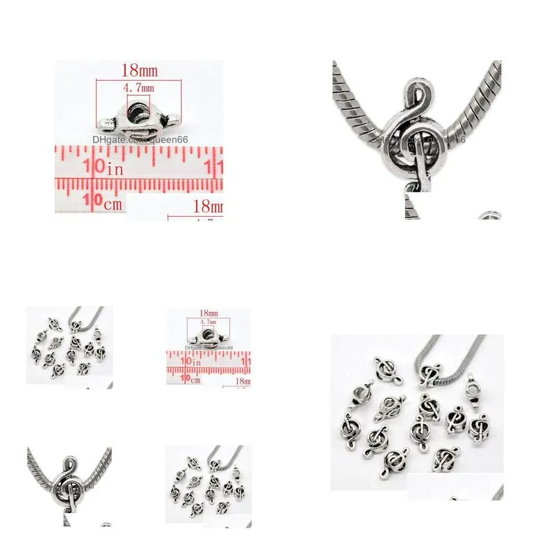 Alloy 100Pcs/Lot Antique Sliver Alloy Big Hole Music Note Spacer Beads Charms For Jewelry Diy Making 9X18Mm Hole4.5Mm Drop Delivery Je Dhequ