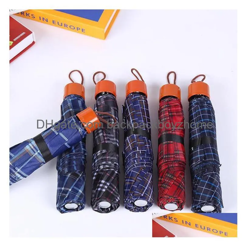 Umbrellas Outdoor Portable Three-Folding Uv Protection Plaid Umbrella 8 Bone Wind Resistant Rainproof Men Women Folding Umbrellas Wdh0 Dhbka