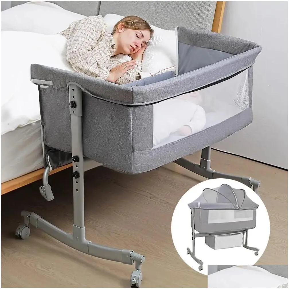 Baby Cribs uiuwoo Bedside Crib for Baby 3 in 1 Bassinet with Large Curvature Cradle Adjustable and Movable Baby Bed with Mosquito Nets