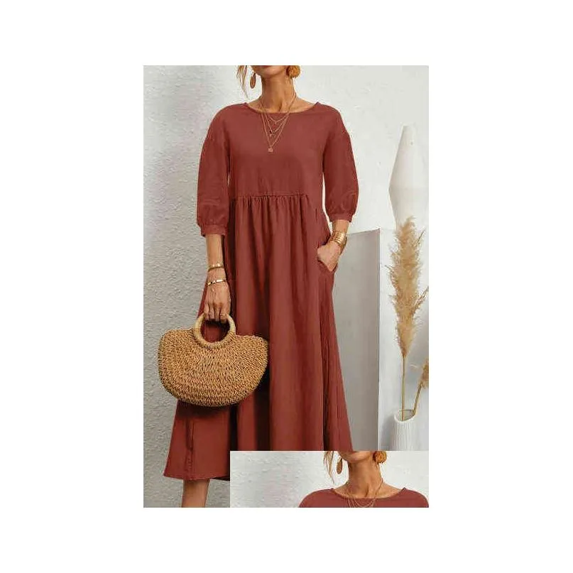 2022 New Fashion Plus Ladies Pregnancy Dress Lantern Sleeve Loose Cotton Linen Pocket Dress Maternity Dress Photo Clothing G220309