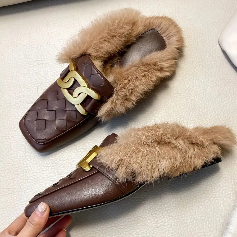 Slippers Autumn And Winter Outwear Baotou Fur Slippers for Women's Rabbit Hair Lazy Man Flat Bottom Half Trailer 231219