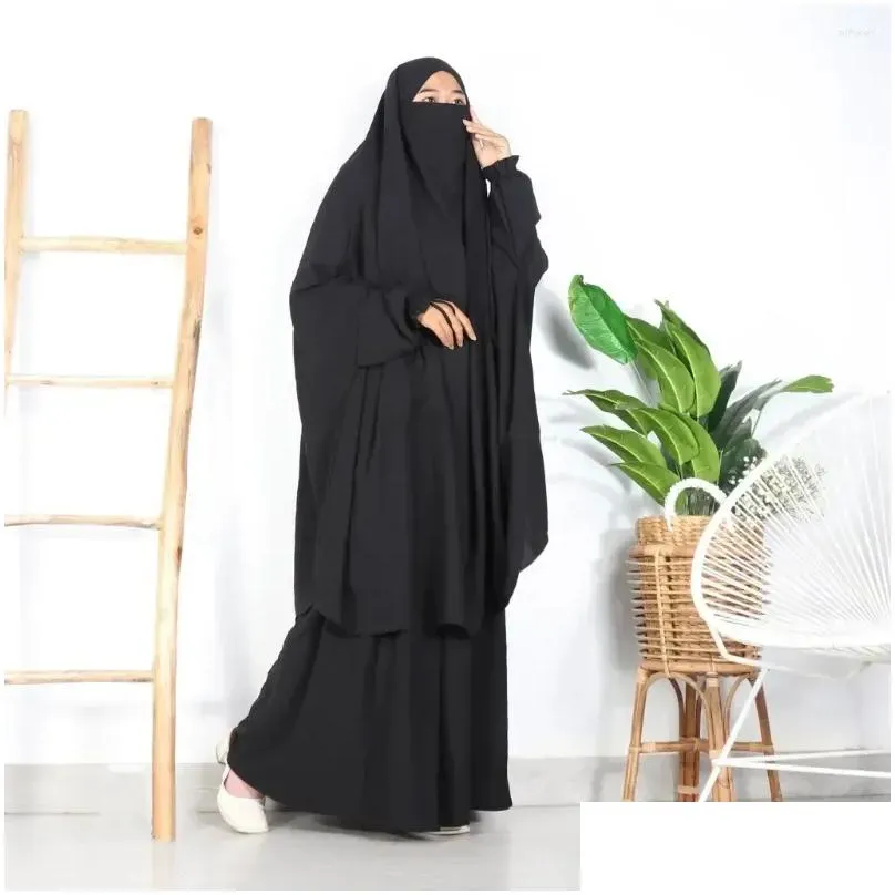 Ethnic Clothing Women Hooded Abaya Jilbabs 2 Piece Ramadan Eid Muslim Prayer Garment Long Khimar And Skirt Set Islam Clothes Dubai