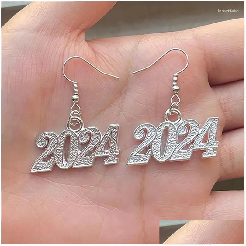 Dangle Earrings Unique Digit 2024 For Women Year Gift Fashion Jewelry Alloy Silver Gold Colour Korean Stud Girls Eardrop Pendant