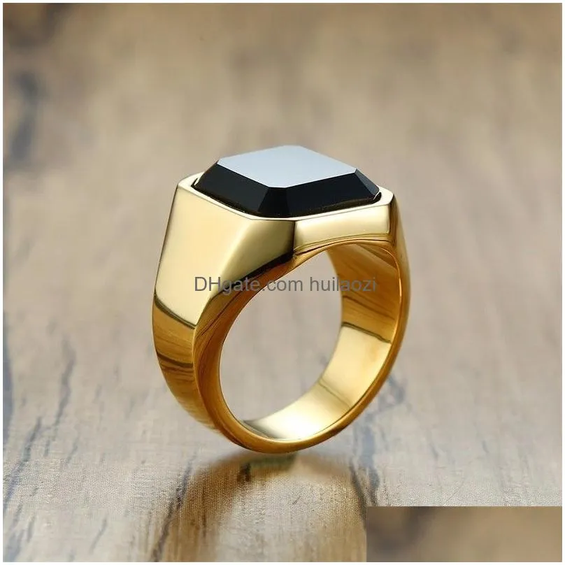 dignified black carnelian stainless steel golden square signet ring for men pinky rings male wealth and rich status jewelry156e