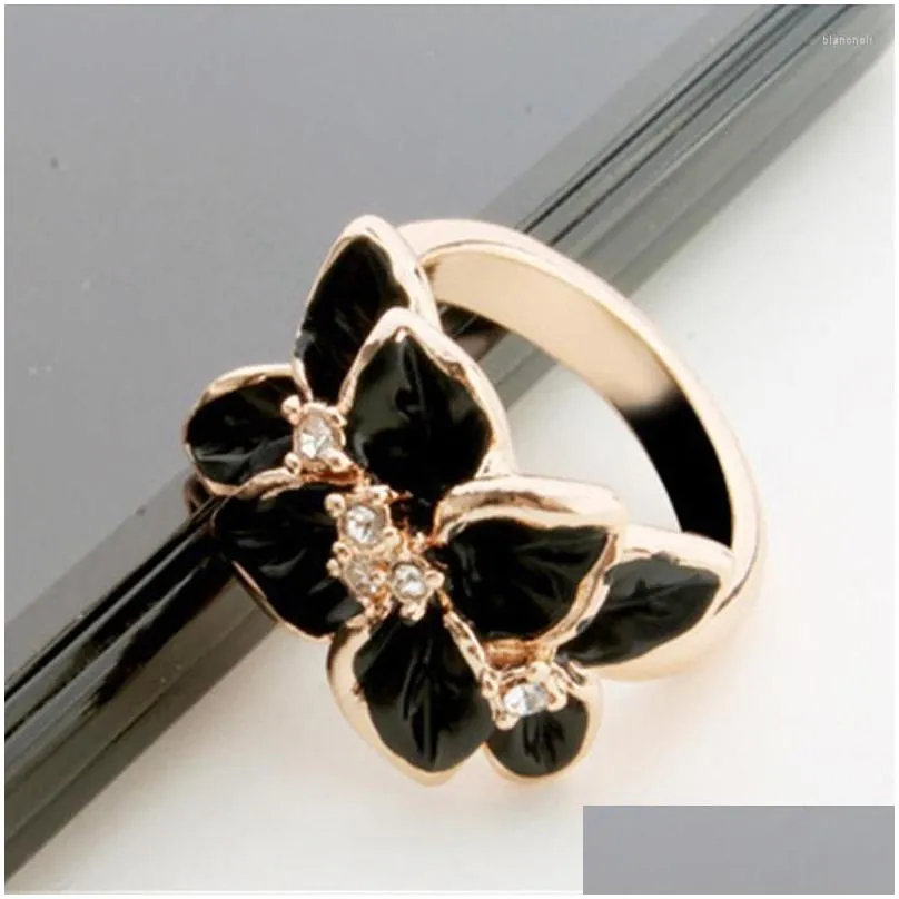 Wedding Rings Wedding Rings Ting Sale Jewelry Gardenia Ring Austrian Crystal Black Enamel Flower/Wedding For Drop Delivery Jewelry Rin Dhqqb