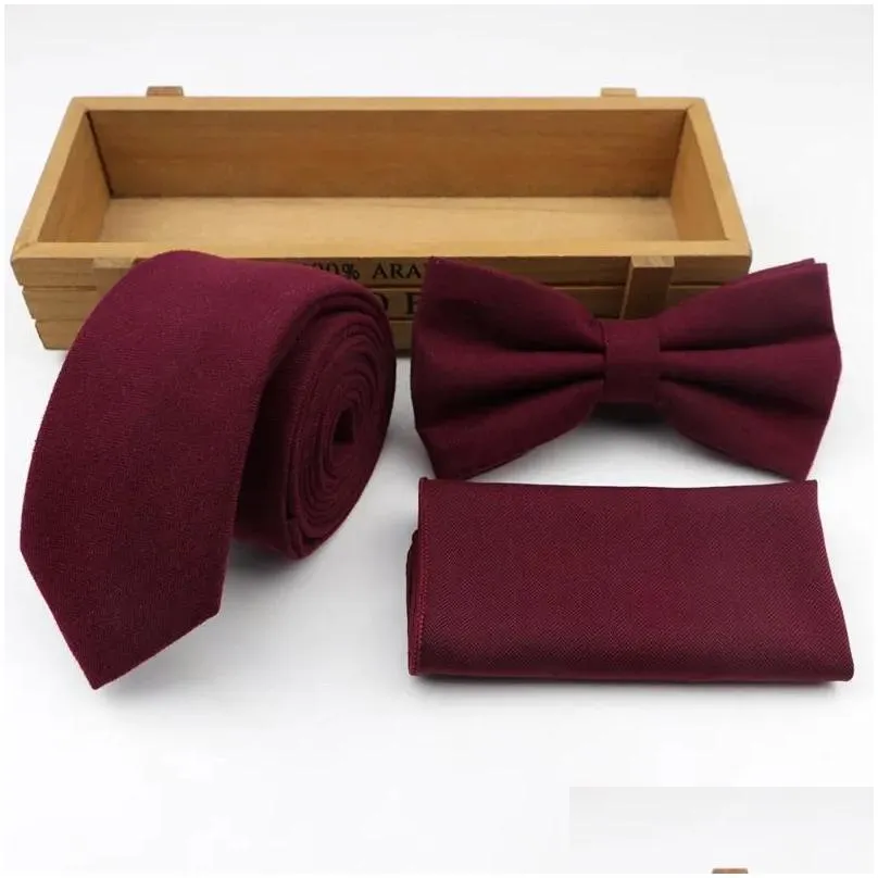 Bow Ties Bow Ties Solid Color Cotton Tie Set Mens Designer Classic Pocket Square Bowtie Necktie For Wedding Party Accessory Gift Lotsb Dhoiz