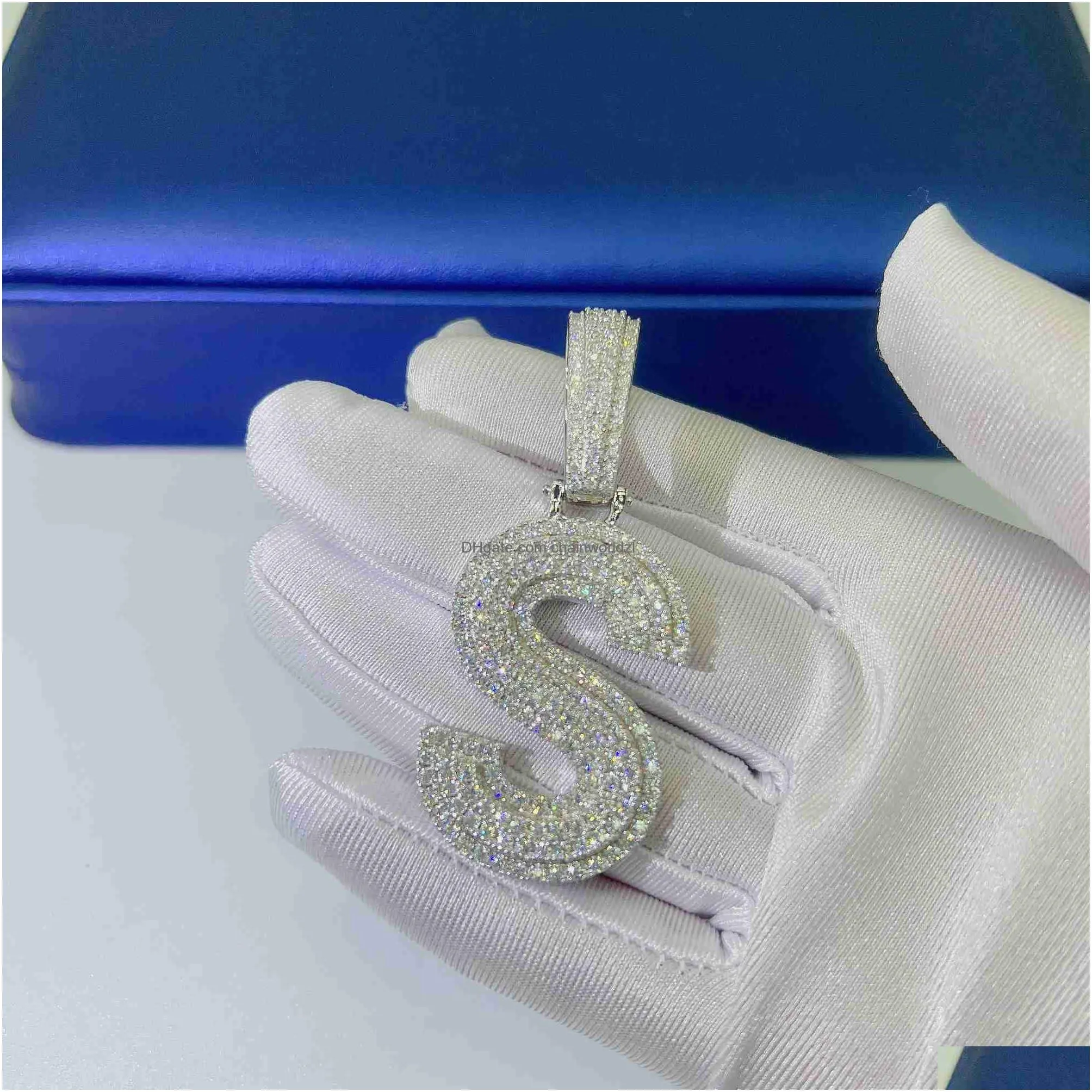 custom made iced out 925 sterling silver fully vvs moissanite diamonds initial letter necklace pendant with 15mm buckle