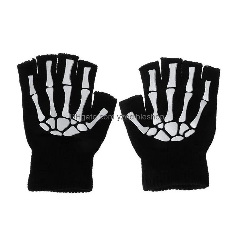 warm knitting gloves for adult solid acrylic half finger glove human skeleton head gripper print cycling non-slip wrist gloves fy5602