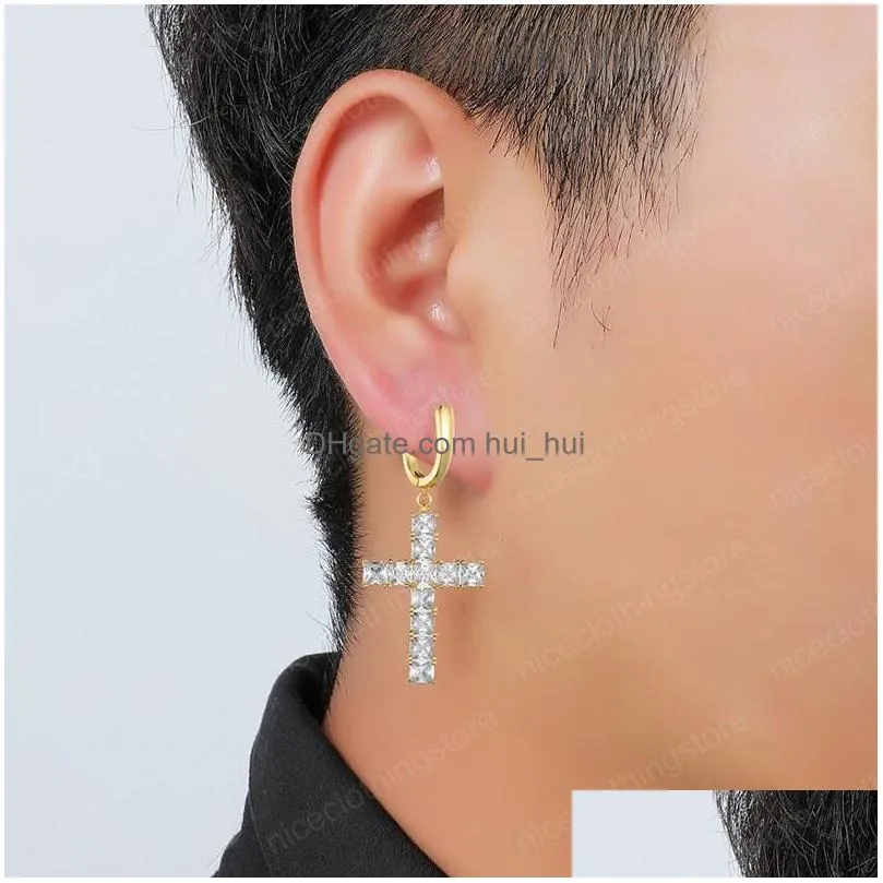 fashion mens women earrings gold silver color ice out square cz cross earrings fashion hip hop earrings gift254a