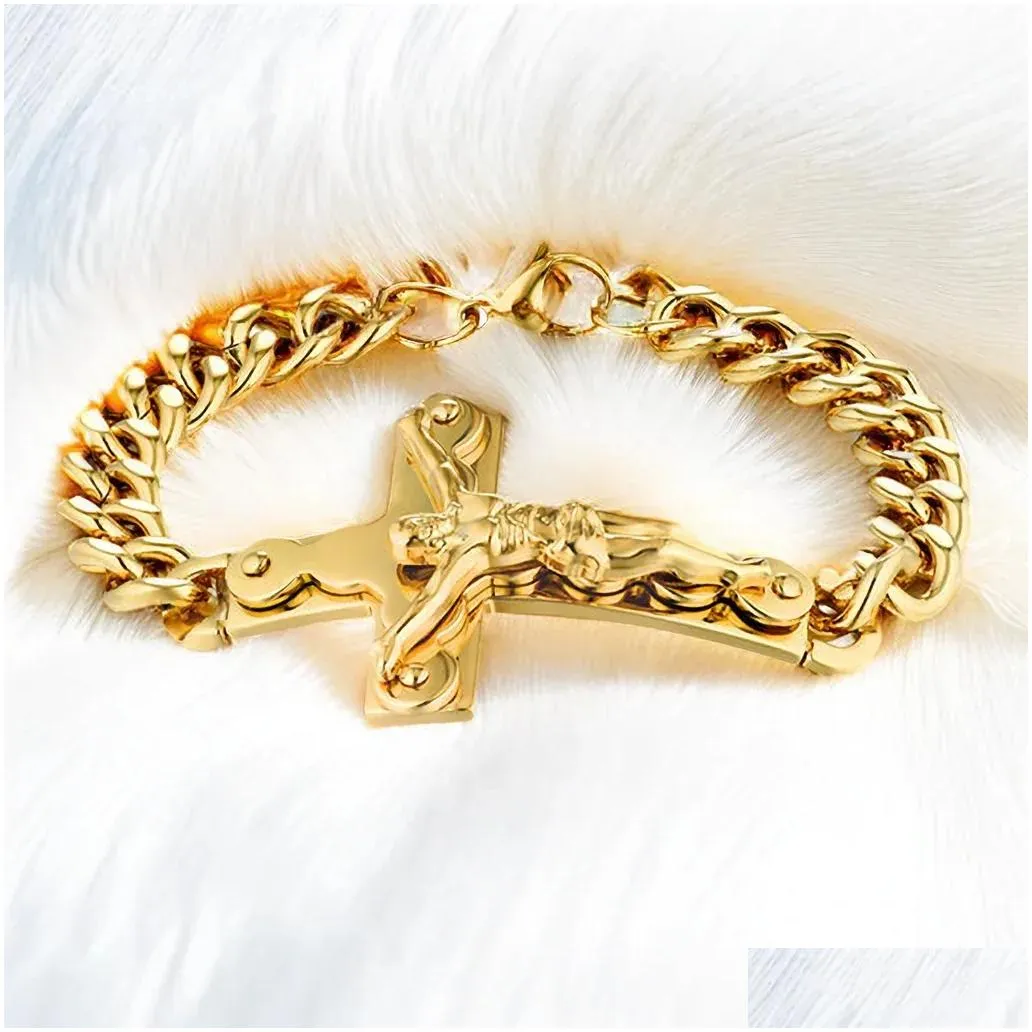 Bangle Jesus Cross Mens 14K Yellow Gold Bracelet Male Pseira Braclets Color Wrist Bracelets For Men Jewelry Drop Delivery Jewelry Brac Dhofj