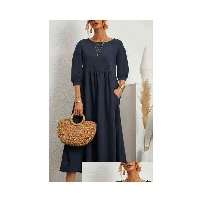 2022 New Fashion Plus Ladies Pregnancy Dress Lantern Sleeve Loose Cotton Linen Pocket Dress Maternity Dress Photo Clothing G220309