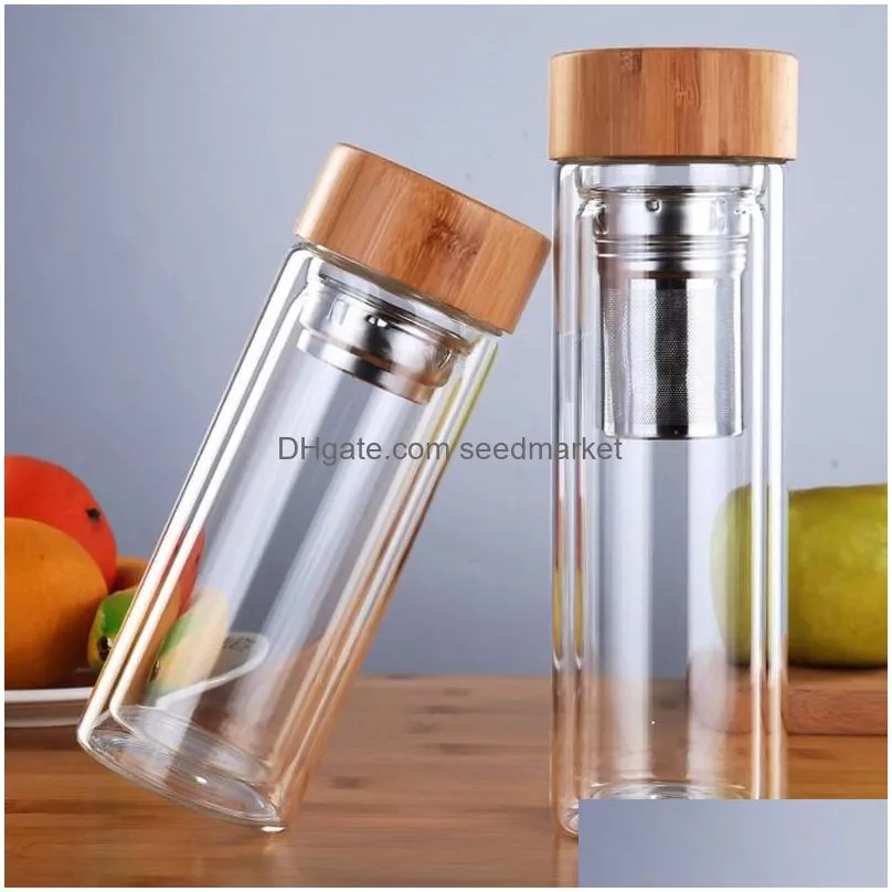 350/450ml double wall glass water bottle tea infuser office tea cup stainless steel filters bamboo lid travel drinkware fy5505 bb1116