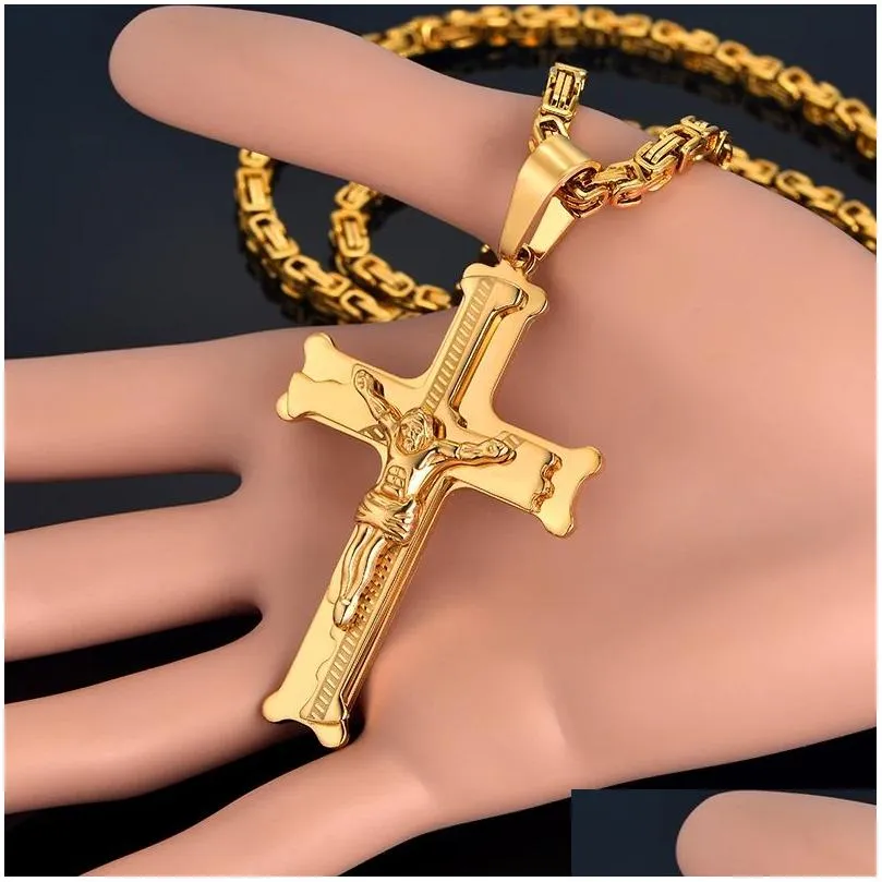 Pendant Necklaces 14K Yellow Gold Big Jesus Cross Pendant With Long Chain Mens Color Crucifix Necklaces Male Relius Jewelry Drop Deliv Dhe7Y