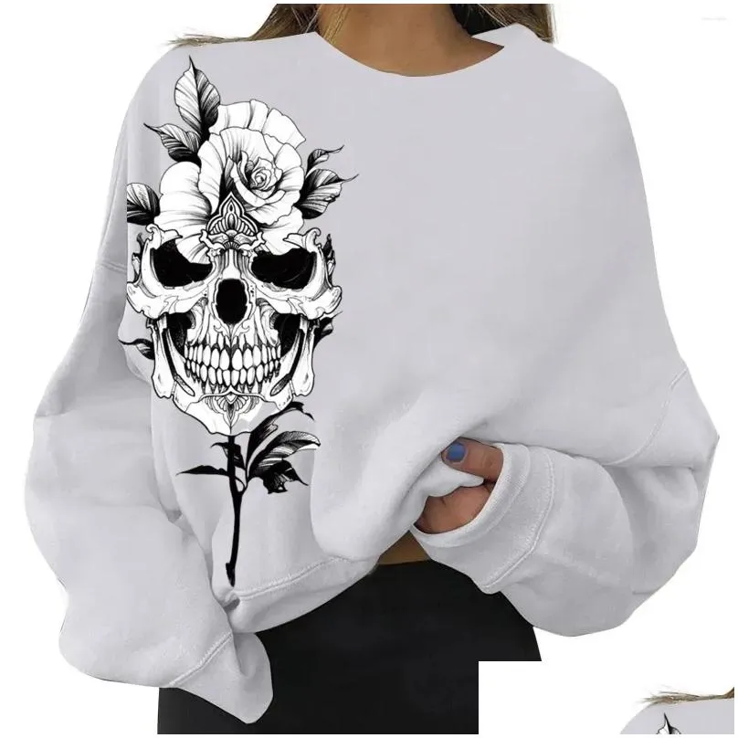 Women`s Hoodies Gothic Skull Print Hoodie Women Casual Round Neck Sweatshirt Harajuku Pullover Tops Streetwear Ladies Loose Sudaderas