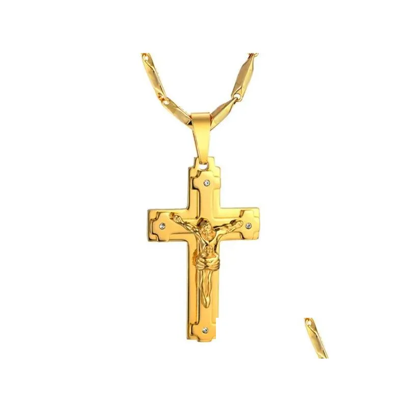 Pendant Necklaces Big Necklace Chain 4 Size 14K Yellow Gold Christian Jewelry Jesus Crucifix Mens Cross Pendant For Men Drop Delivery Dh3Jw