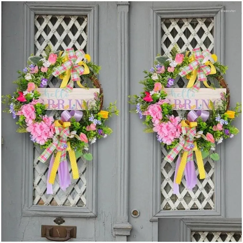 Decorative Flowers Bow Wreath Welcome Door Sign Festival Spring Summer Garlands Farmhouse Decor