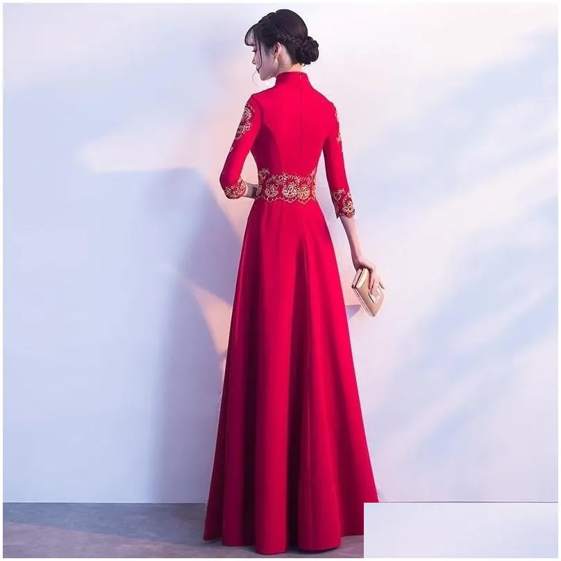 Red Embroidery Chinese Evening Dress Long Bride Wedding Qipao Oriental Style Party Dresses Bridesmaid Robe Ceremonie Fille Gowns Ethnic