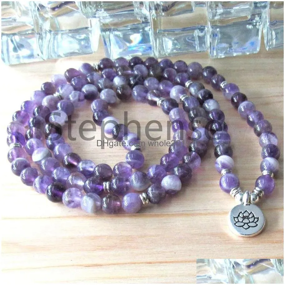 Beaded Mg0674 A Grade Dream Amethyst Womens 108 Mala Bracelet 4 Wrap Purple Crystal Energy Beads Natural Gemstone Lotus Drop Delivery Dhf4V