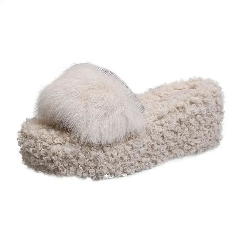 Slippers Wedges Rhinestones rabbit hair slippers women pantufa fur muffins shoes women flip flops cozy furry crystal platform slides 231219