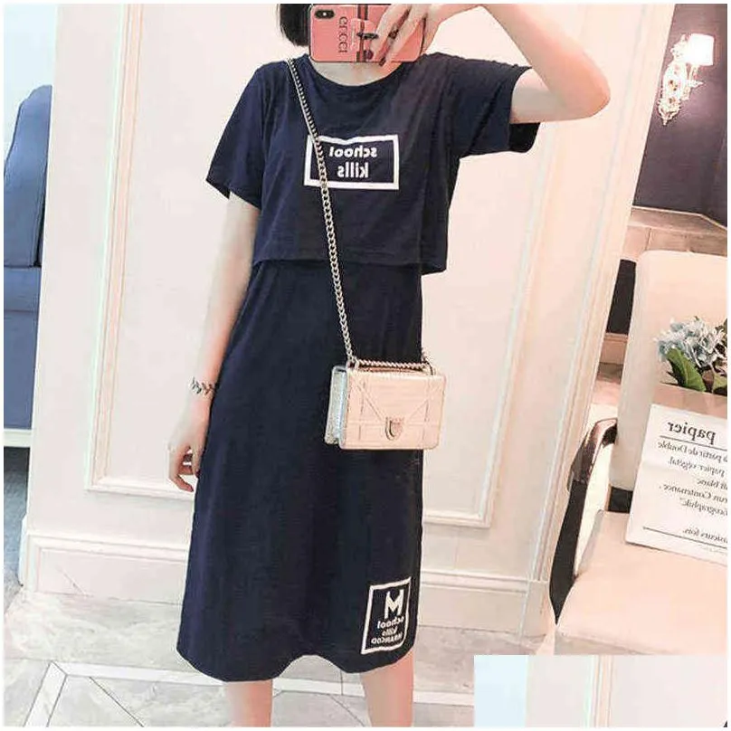 2021 New Arrival Spring and Summer Trendy Solid Short-sleeve Nursing Dress Short-sleeved D reastfeeding Dress Long Skirt G220309