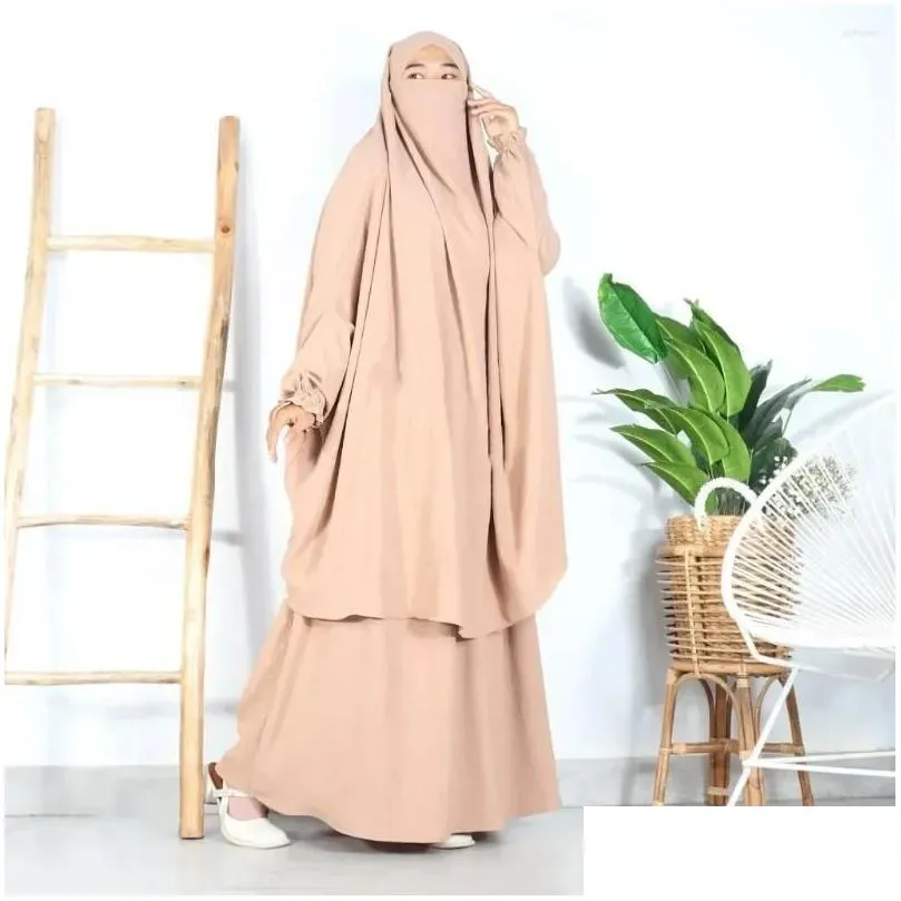 Ethnic Clothing Women Hooded Abaya Jilbabs 2 Piece Ramadan Eid Muslim Prayer Garment Long Khimar And Skirt Set Islam Clothes Dubai