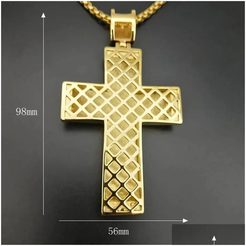 Pendant Necklaces Hip Hop Iced Out Big Cross Pendant Necklace For Men 14K Yellow Gold Rhinestone Hiphop Christian Jewelry Drop Deliver Dh5Pv