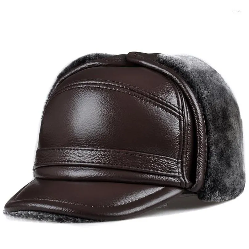 Berets Berets Ry0201 Male Winter Warm Ear Protection Bomber Hat Man Genuine Leather Faux Fur Inside Black/Brown Tra Large Size 54-62Cm Dhmj5